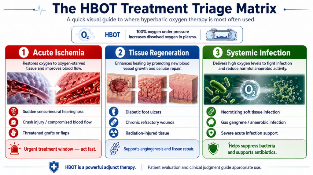 Insert an infogram here called ”The HBOT Treatment Triage Matrix. ”Divide the disease into three broad panels: Acute Ischemia in red (acute ischemia), Tissue Regeneration in blue (tissue regeneration), and Systemic Infection in green (systemic infection), helping patients pinpoint their disease classification in a second.