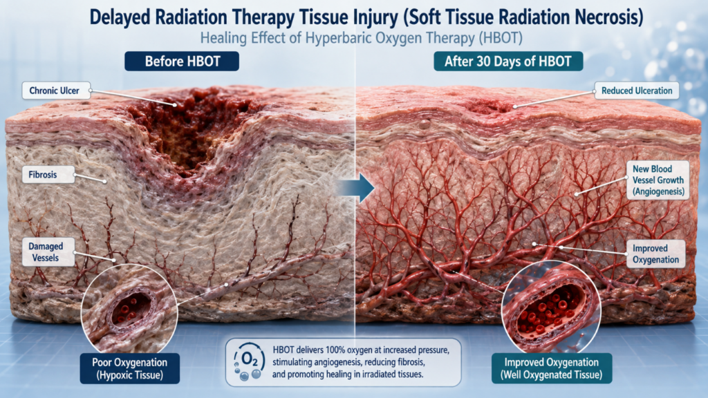 Insert an infographic showing the cross-section of irradiated tissue before and after 30 days of HBOT, highlighting new blood vessel growth.