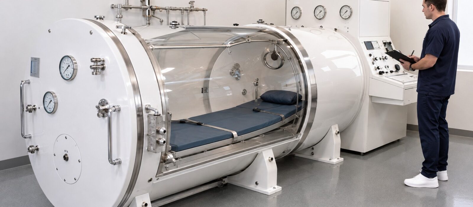 white hard-shell hyperbaric chamber with technician in clinic