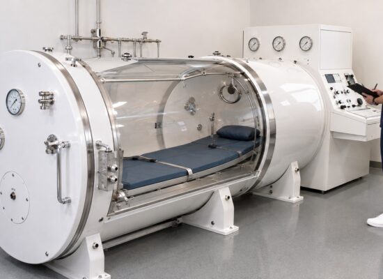 white hard-shell hyperbaric chamber with technician in clinic
