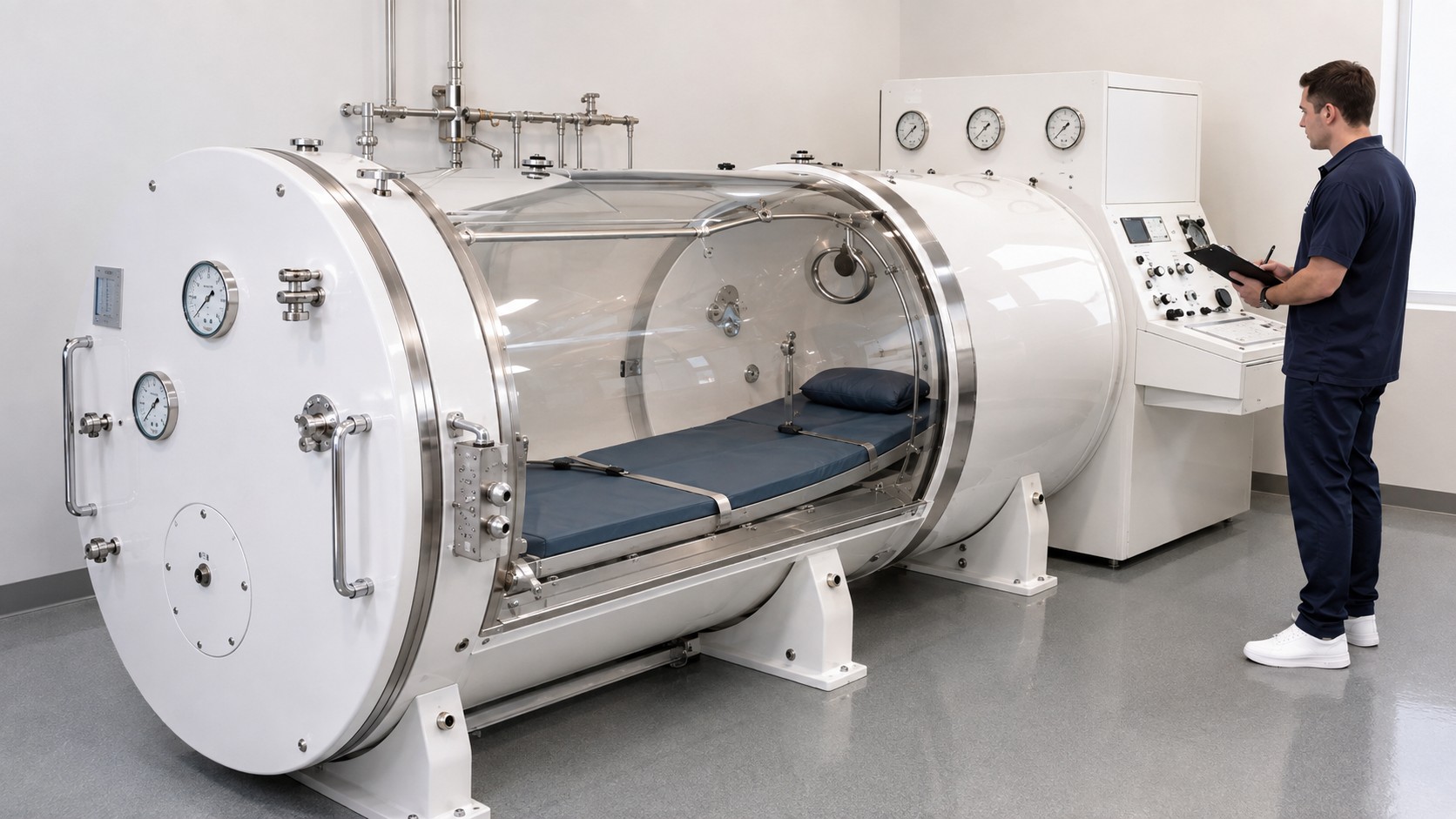 white hard-shell hyperbaric chamber with technician in clinic