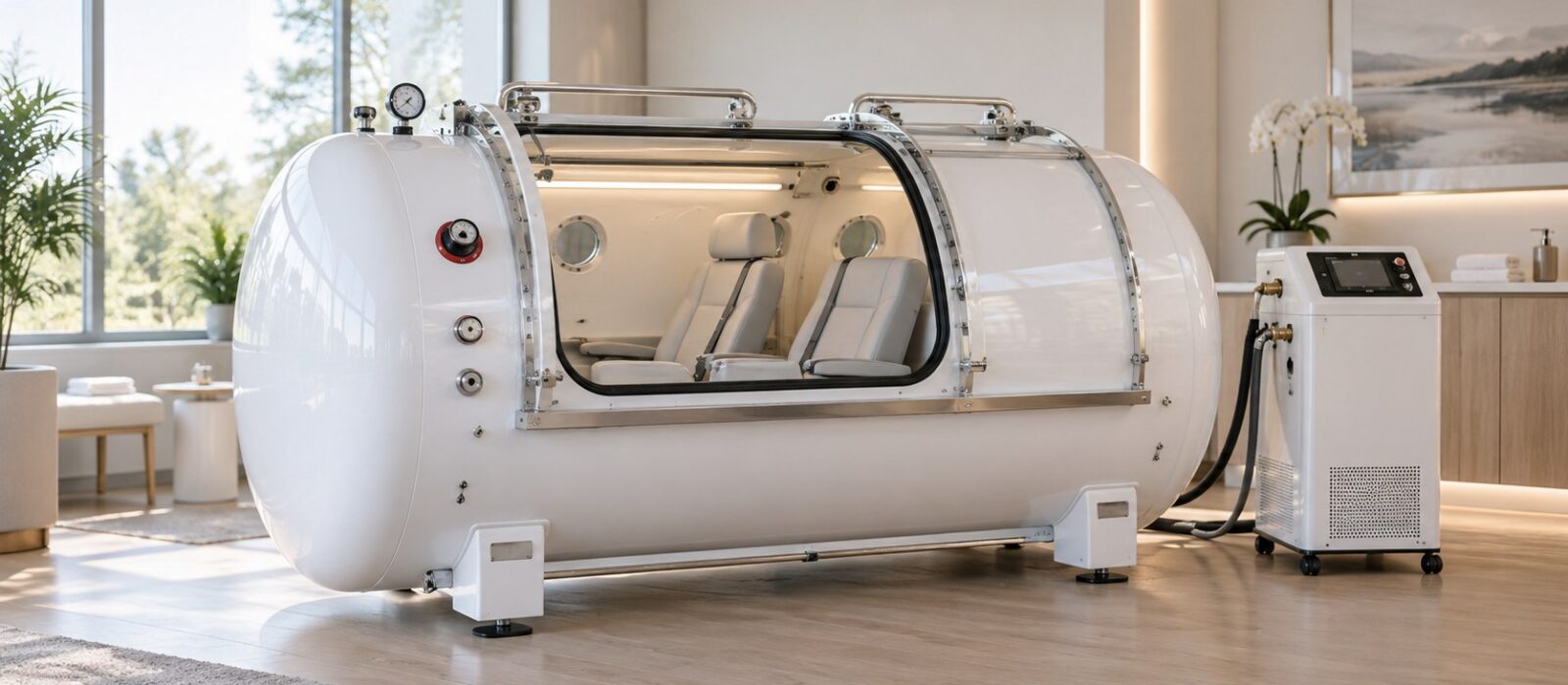 white hard-shell hyperbaric chamber with seats and compressor unit