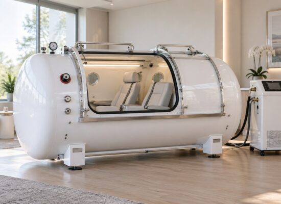 white hard-shell hyperbaric chamber with seats and compressor unit