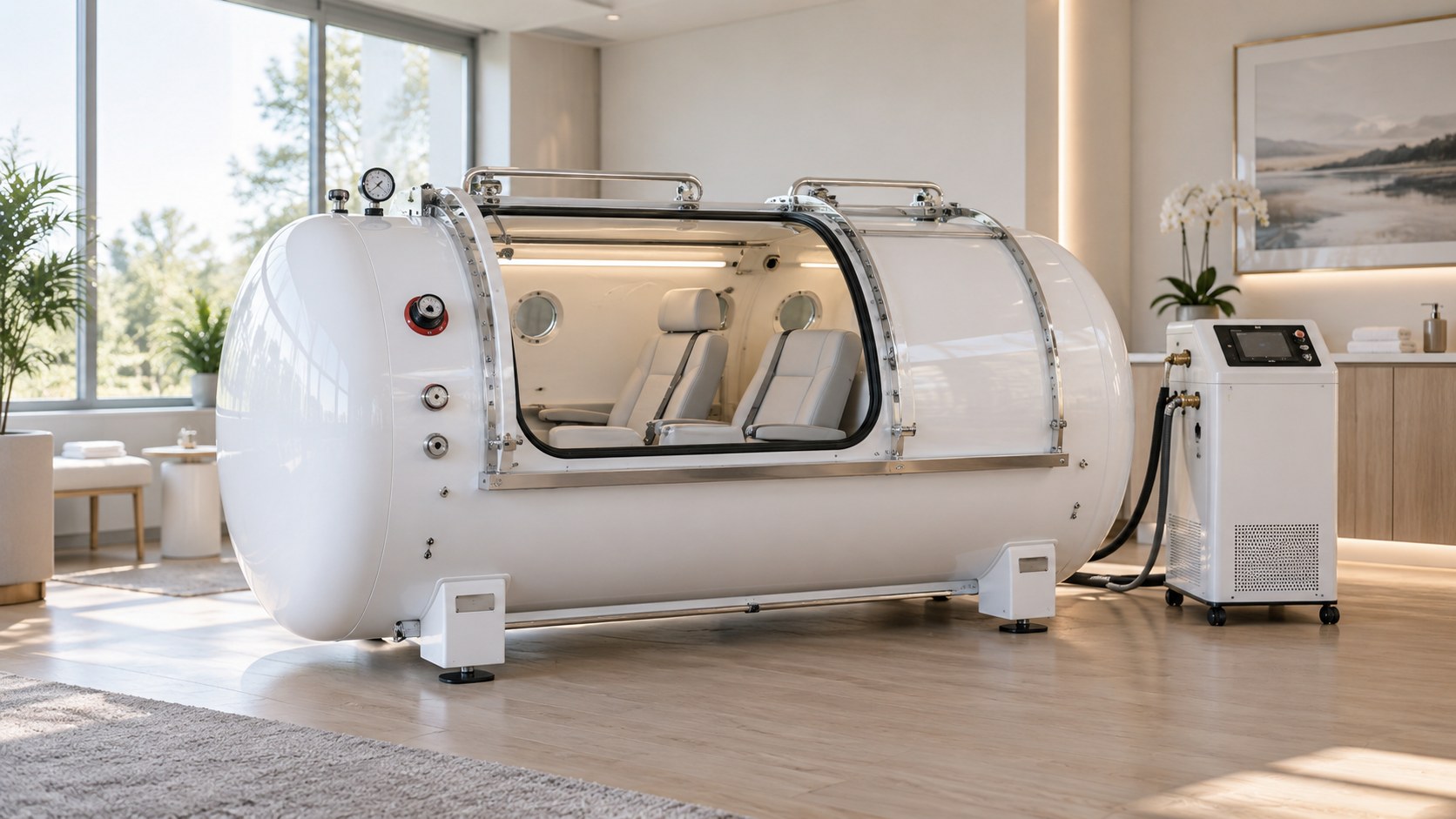 white hard-shell hyperbaric chamber with seats and compressor unit