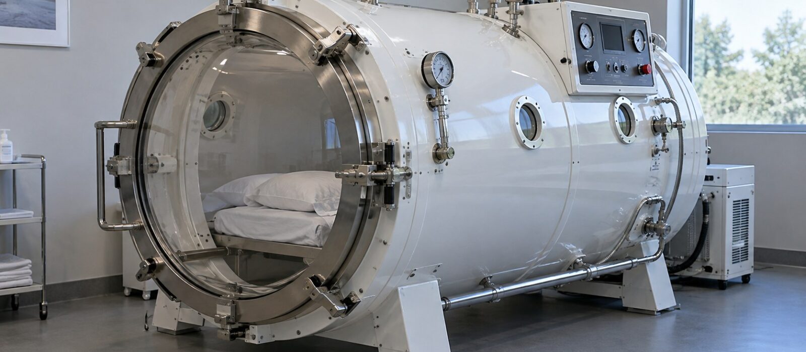 white hard-shell hyperbaric chamber with pressure gauges and control panel