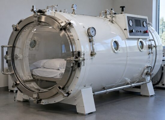 white hard-shell hyperbaric chamber with pressure gauges and control panel