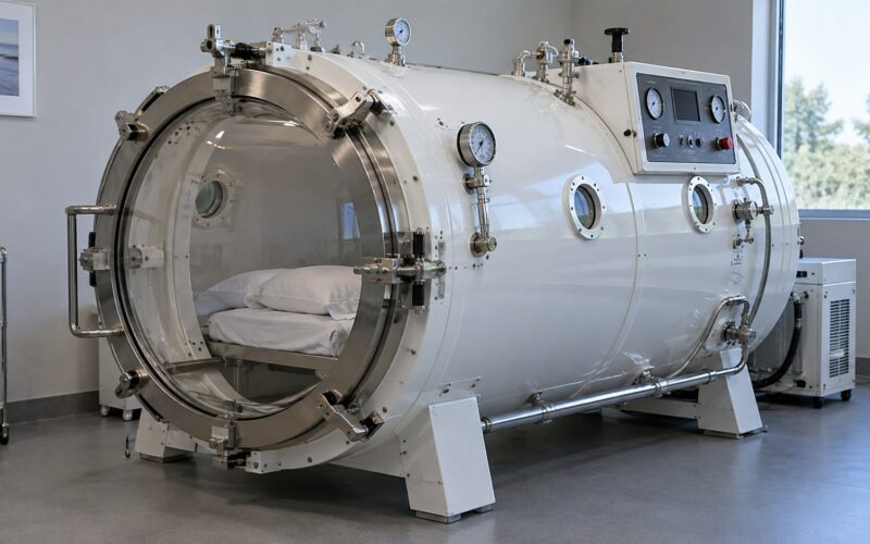 white hard-shell hyperbaric chamber with pressure gauges and control panel
