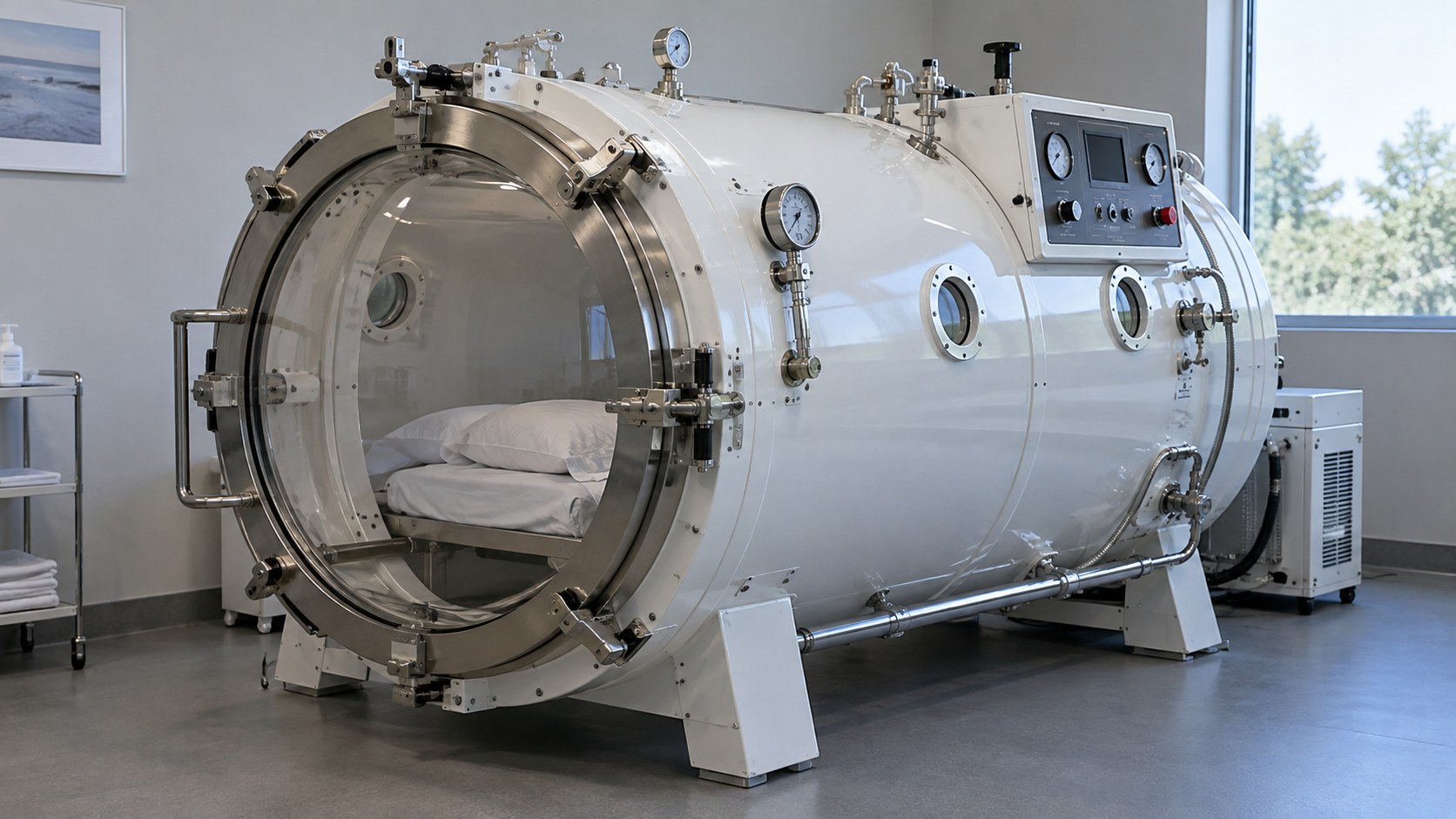 white hard-shell hyperbaric chamber with pressure gauges and control panel