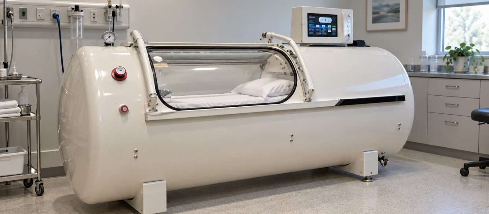 white hard-shell 2 atmosphere hyperbaric chamber with pressure gauge and control panel