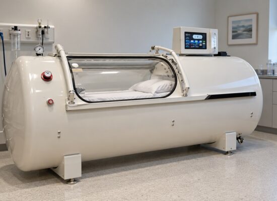 white hard-shell 2 atmosphere hyperbaric chamber with pressure gauge and control panel