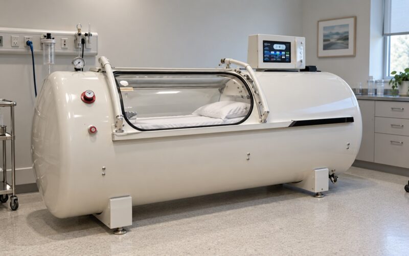 white hard-shell 2 atmosphere hyperbaric chamber with pressure gauge and control panel