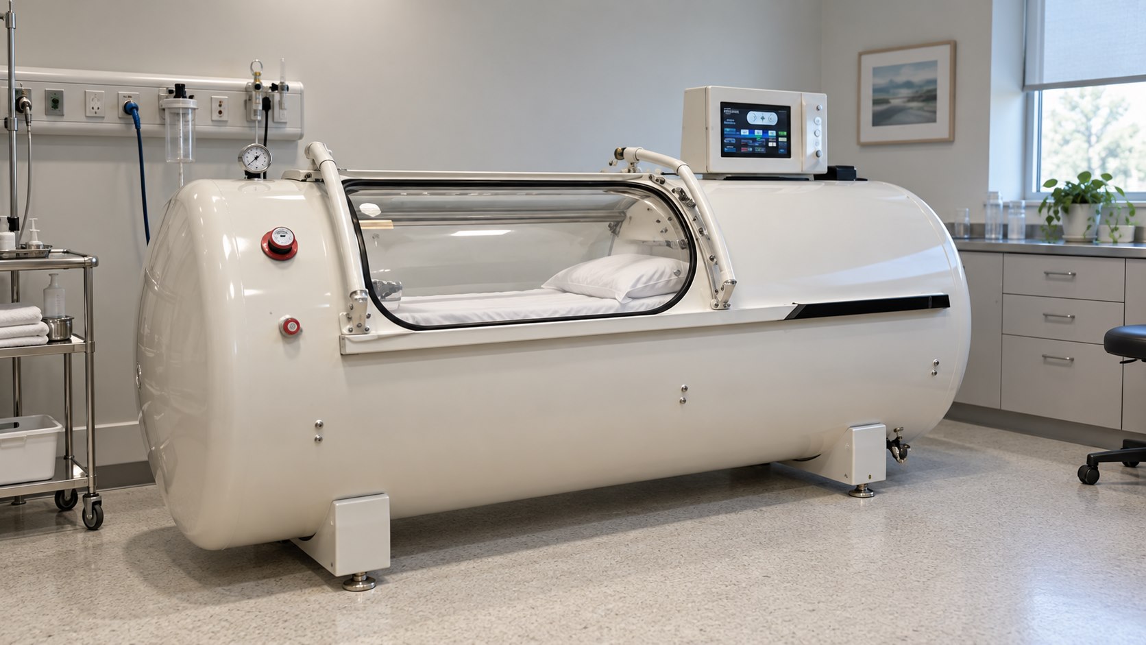 white hard-shell 2 atmosphere hyperbaric chamber with pressure gauge and control panel