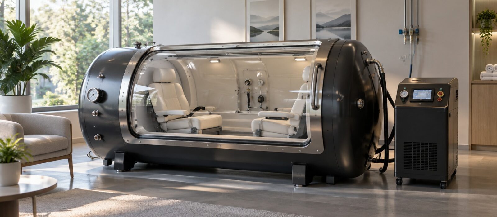 two person hard shell hyperbaric chamber with two seats inside and external control unit