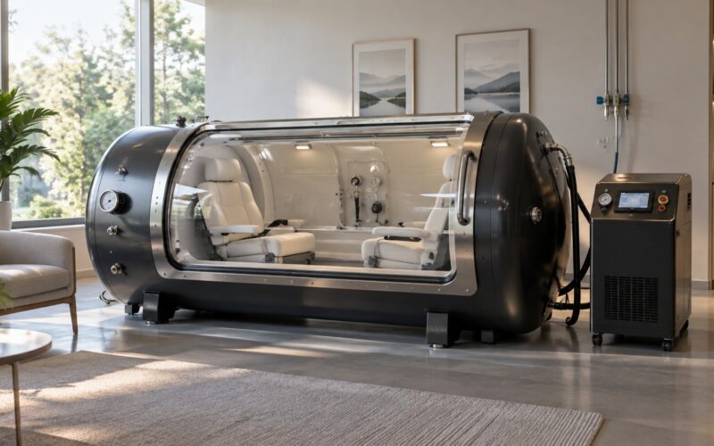 two person hard shell hyperbaric chamber with two seats inside and external control unit