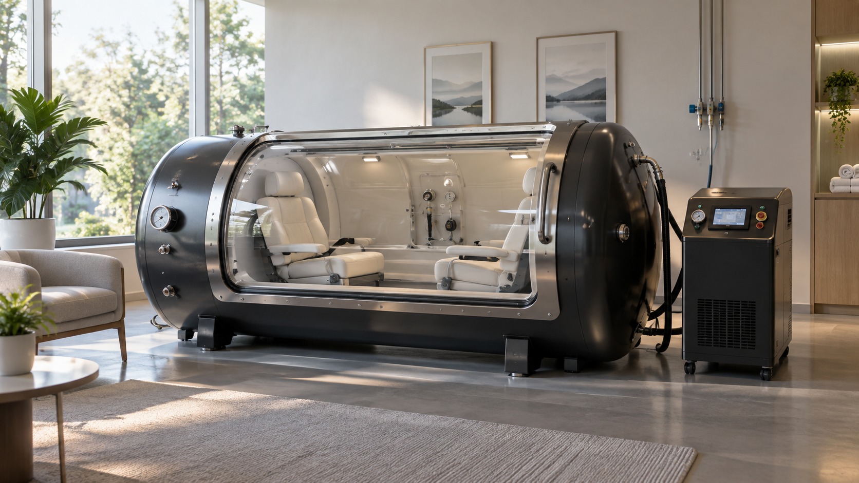 two person hard shell hyperbaric chamber with two seats inside and external control unit