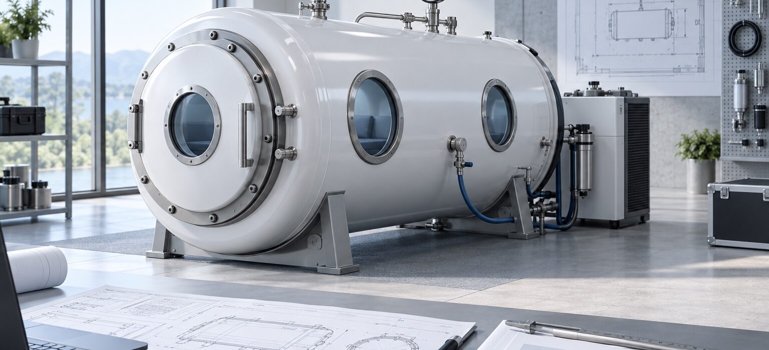 Generic hard-shell hyperbaric chamber with pressure gauge and specification drawings