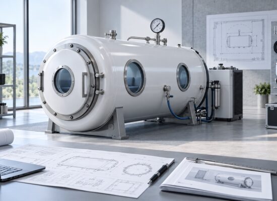 Generic hard-shell hyperbaric chamber with pressure gauge and specification drawings