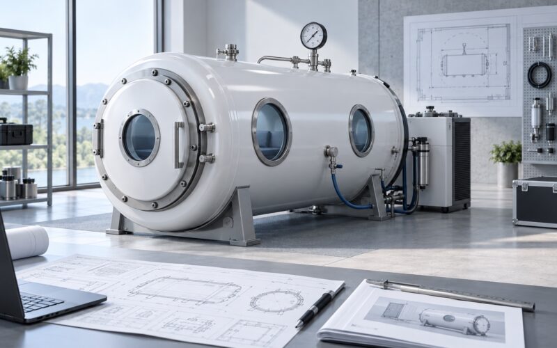 Generic hard-shell hyperbaric chamber with pressure gauge and specification drawings