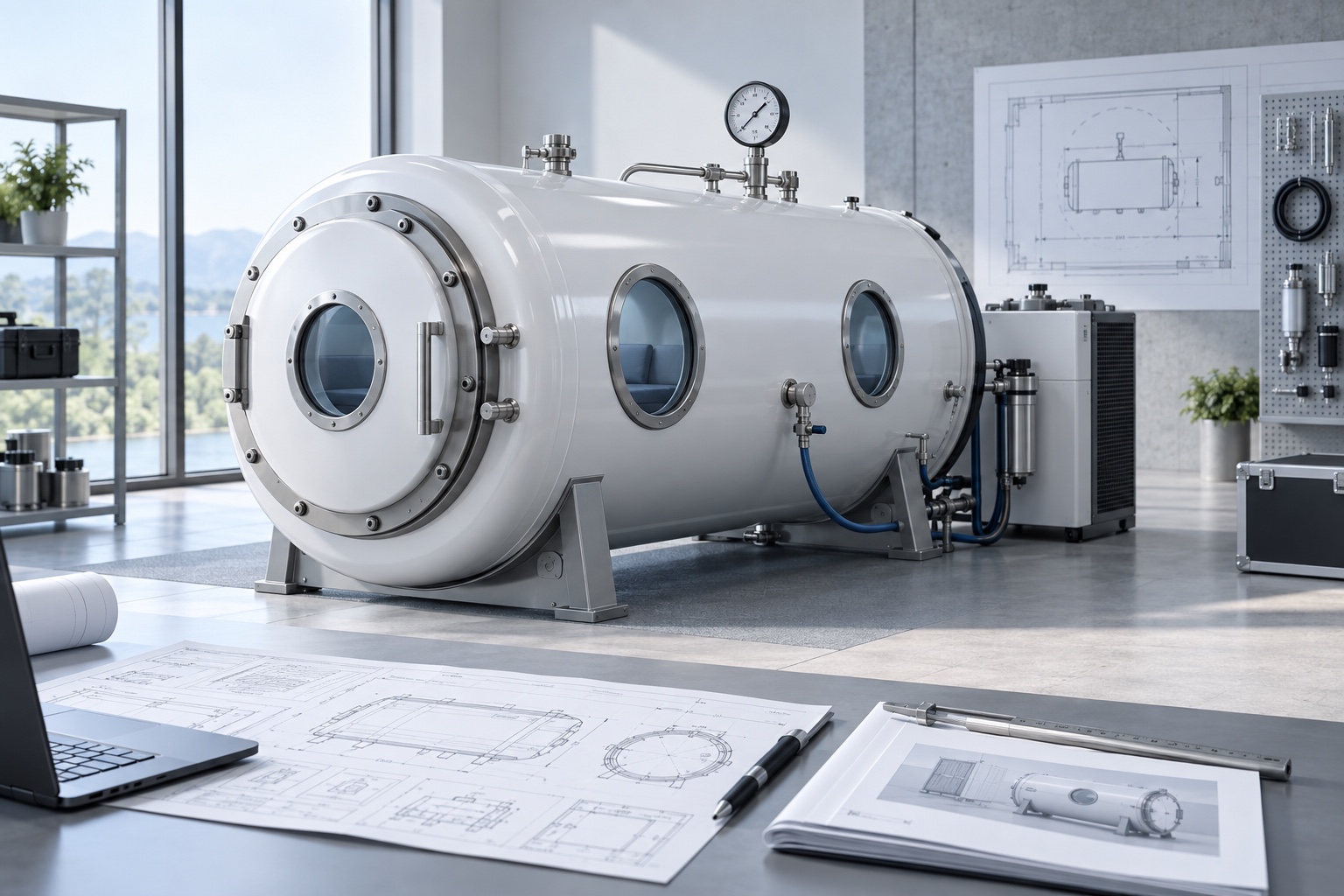 Generic hard-shell hyperbaric chamber with pressure gauge and specification drawings