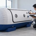 Technician checking a soft hyperbaric chamber pressure specification