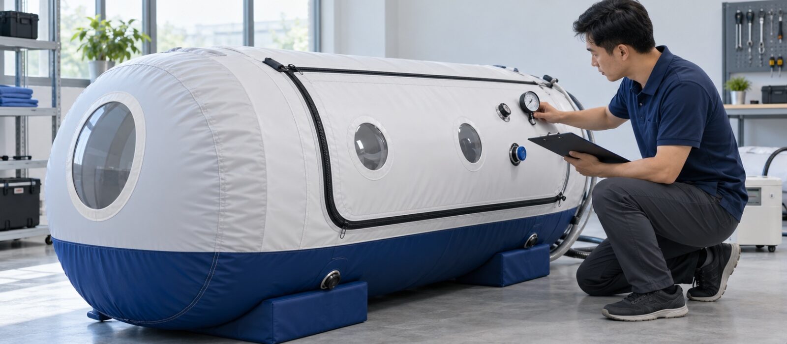 Technician checking a soft hyperbaric chamber pressure specification
