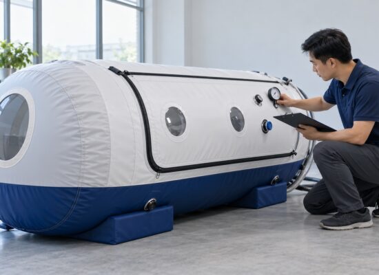 Technician checking a soft hyperbaric chamber pressure specification