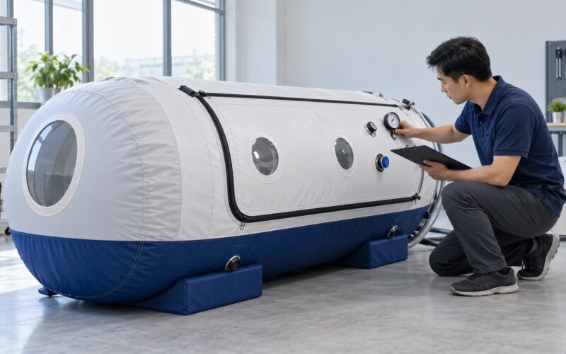 Technician checking a soft hyperbaric chamber pressure specification