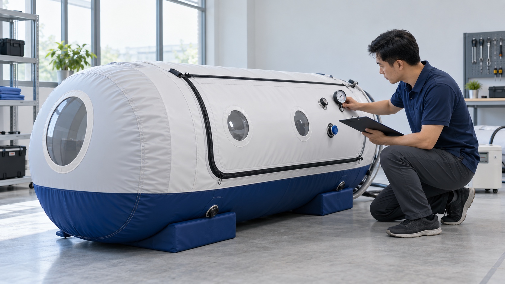 Technician checking a soft hyperbaric chamber pressure specification