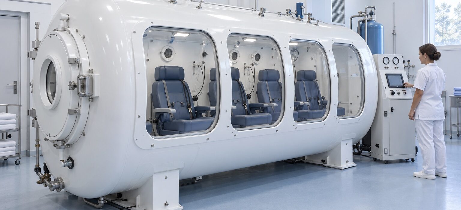 Concept image of a four-person hard-shell hyperbaric chamber with four visible seating positions.