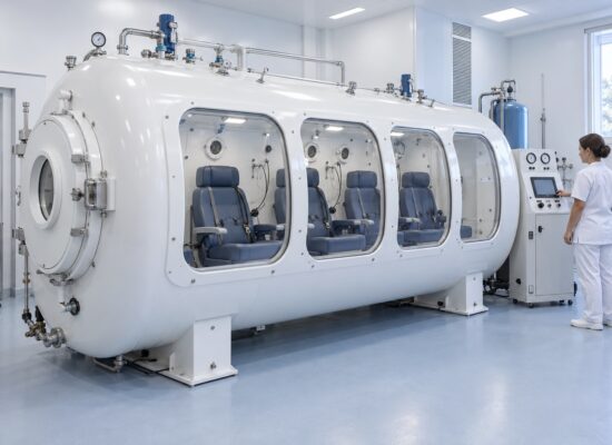 Concept image of a four-person hard-shell hyperbaric chamber with four visible seating positions.