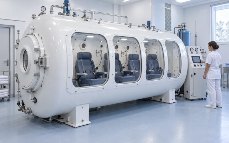Concept image of a four-person hard-shell hyperbaric chamber with four visible seating positions.