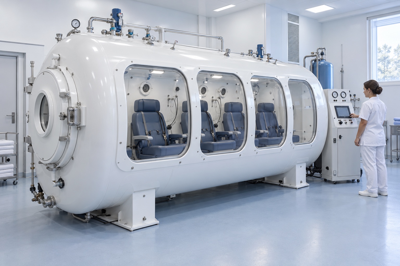 Concept image of a four-person hard-shell hyperbaric chamber with four visible seating positions.