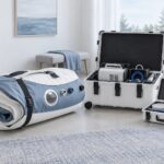 Folded soft hyperbaric chamber beside separate support equipment cases