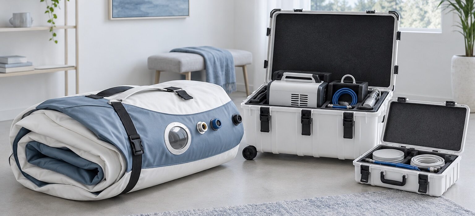 Folded soft hyperbaric chamber beside separate support equipment cases