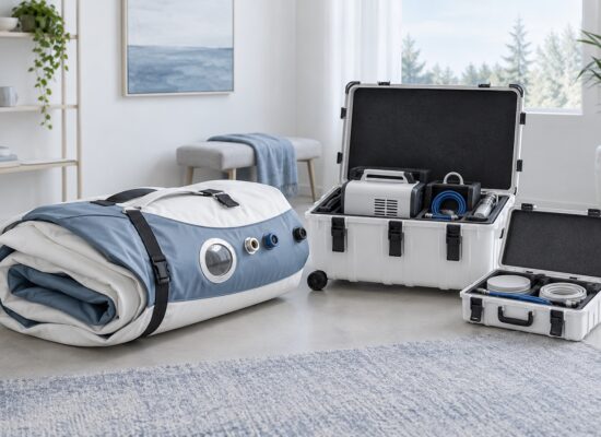 Folded soft hyperbaric chamber beside separate support equipment cases