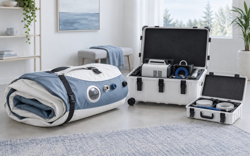 Folded soft hyperbaric chamber beside separate support equipment cases