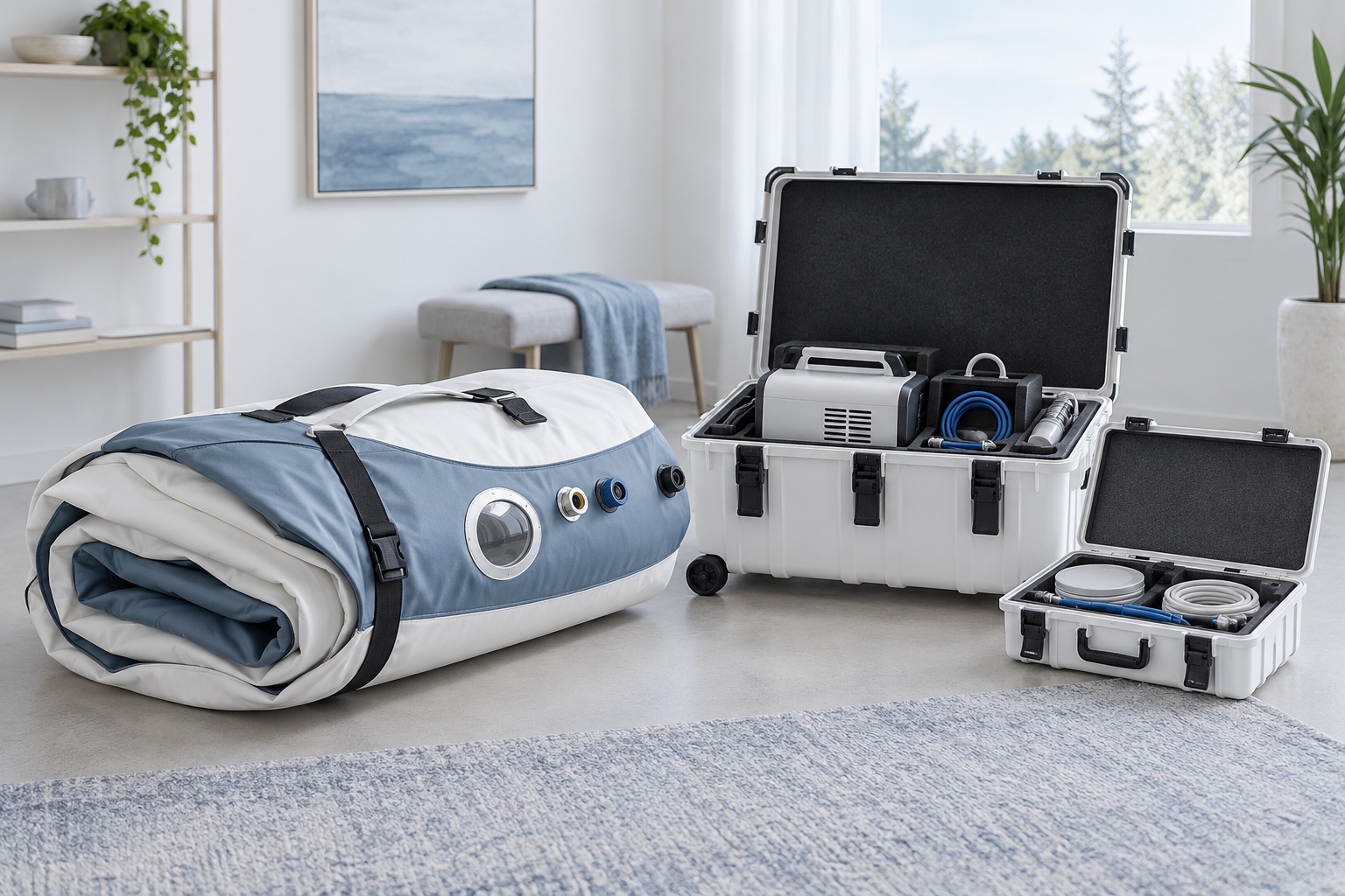 Folded soft hyperbaric chamber beside separate support equipment cases