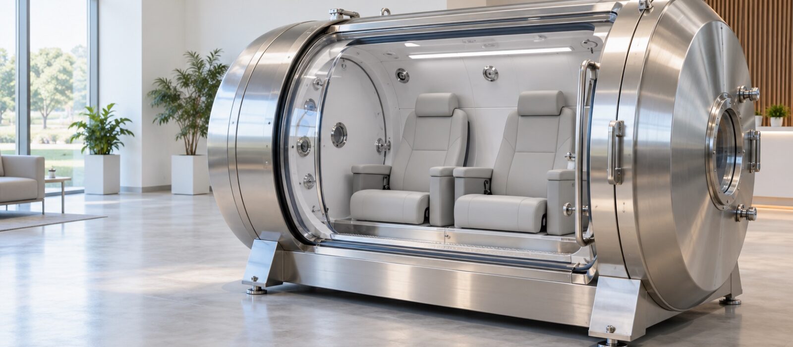 Two-seat hard-shell hyperbaric chamber in a clean installation space
