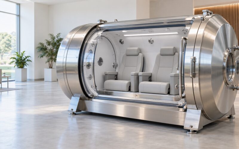 Two-seat hard-shell hyperbaric chamber in a clean installation space