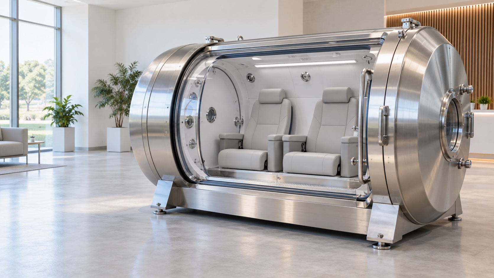 Two-seat hard-shell hyperbaric chamber in a clean installation space